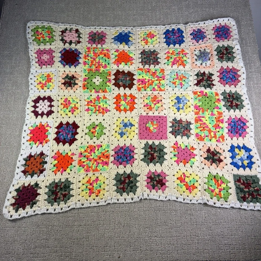 Vintage Granny Square Crochet Lap Blanket Afghan Throw GrandmaCore Chic Handmade